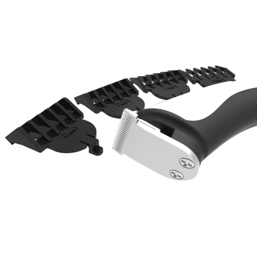 На фото изображен черно-белый триммер для интимных зон с черными насадками Bathmate Trimmer для мужчин на белом фоне.