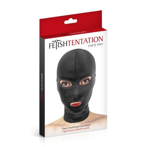 На фото изображен черный капюшон БДСМ Fetish Tentation Open Mouth and Eyes Hood унисекс на белом фоне