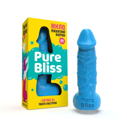 На фото зображено блакитне крафтове мило-член із присоскою Pure Bliss MINI Blue унісекс на білому тлі.