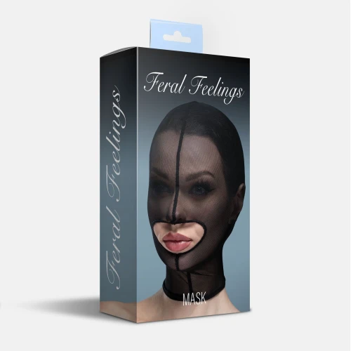 На фото изображена черная маска сетка с открытым ртом Feral Feelings Hood Mask Black для женщин в коробке на белом фоне
