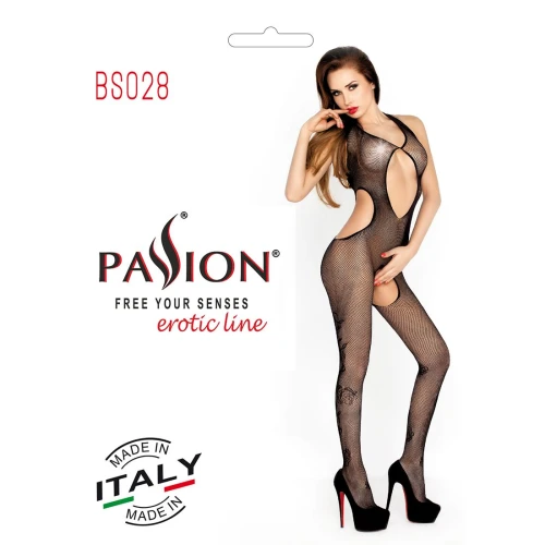 Бодистокинг Passion BS028 black, комбинезон, мелкая сеточка с цветочным рисунком на ногах