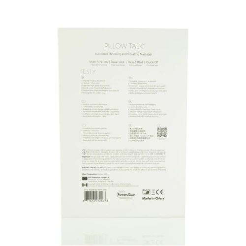 На фото зображено білу коробку вібратора-пульсатора на присосці Pillow Talk Feisty Thrusting Vibrator Teal для жінок на білому тлі.