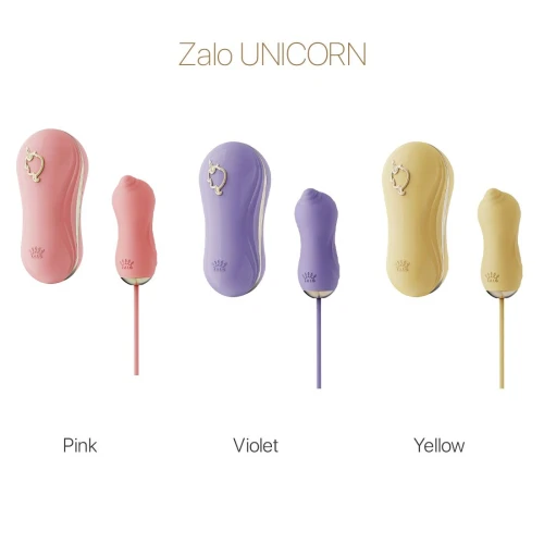 На фото зображено вібруюче яйце та вакуумний стимулятор Zalo - UNICORN Violet для жінок на білому тлі.