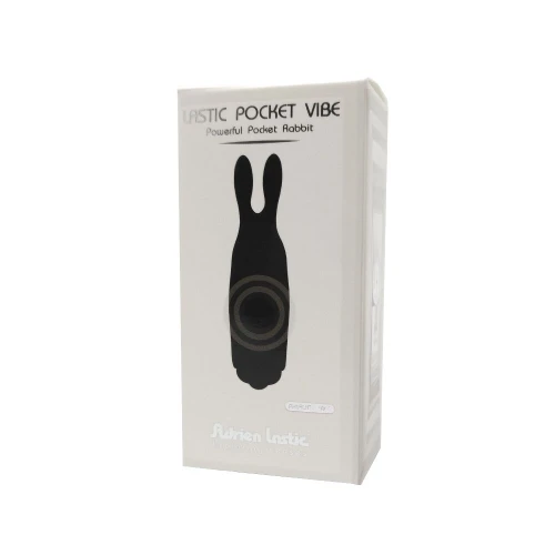 На фото изображена черная вибропуля с двумя стимулирующими ушками Adrien Lastic Pocket Vibe Rabbit Black для женщин на белом фоне.