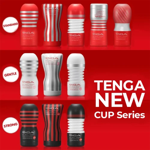 На фото изображен красно-белый мастурбатор Tenga Squeeze Tube Cup для мужчин на красном фоне