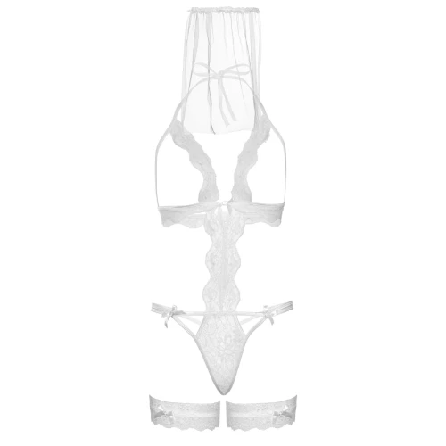 Leg Avenue G-string teddy, veil & garter White O/S - Костюм секс невесты 
