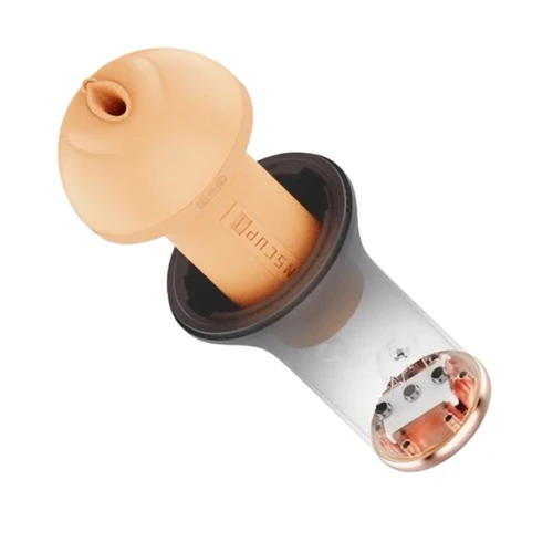 На фото зображено чорно-бежевий мастурбатор з вібрацією та підігрівом Otouch INSCUP 1 для чоловіків на світлому фоні.