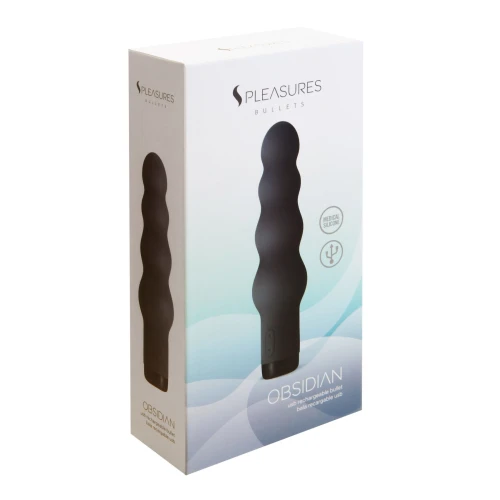 Ребристий міні-вібратор сіро-чорного кольору, упакований у білу коробку