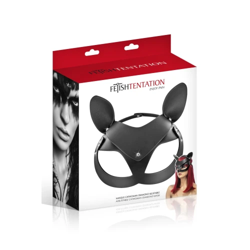 На фото зображено чорну маску кішки Fetish Tentation Adjustable Catwoman Diamond Mask для жінок на білому тлі