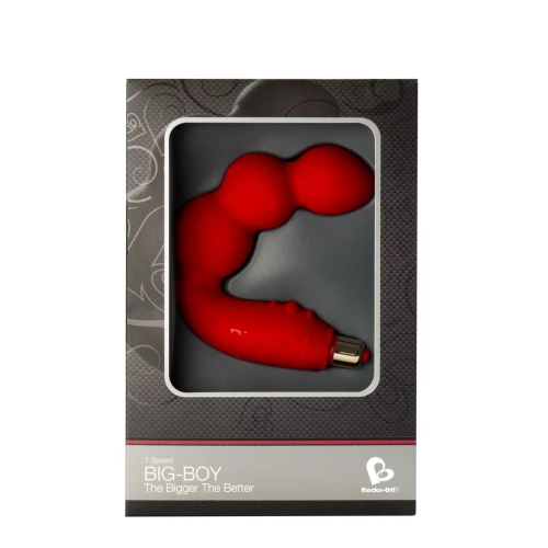 На фото зображено червоний Rocks Off Big-Boy Black - Вібромасажер простати з трьома об'ємними намистами для чоловіків на світлому тлі
