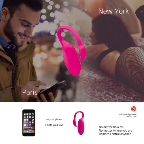 На фото зображено червоне смарт віброяйце Magic Motion Flamingo для жінок на різнокольоровому  тлі.