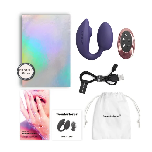 На фото изображено темно-синее виброяйцо с вакуумным язычком Love To Love Wonderlover INDIGO для женщин на белом фоне.