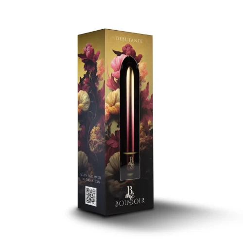 На фото зображена недорога жовто-червона віброкуля Rocks Off RO-90mm Debutante для жінок на білому тлі.