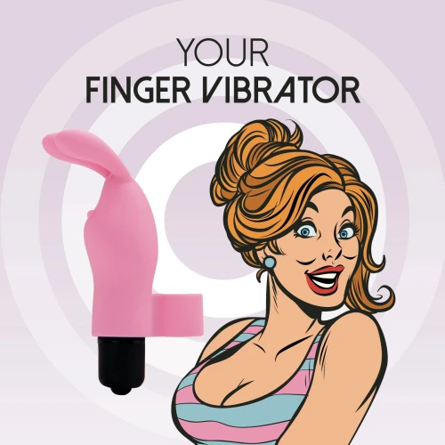 На фото изображен розовый вибратор на палец с ушками FeelzToys Magic Finger Vibrator Pink для пар на фиолетовом фоне