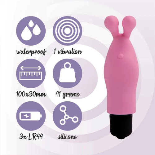 На фото изображен розовый вибратор на палец с ушками FeelzToys Magic Finger Vibrator Pink для пар на фиолетовом фоне