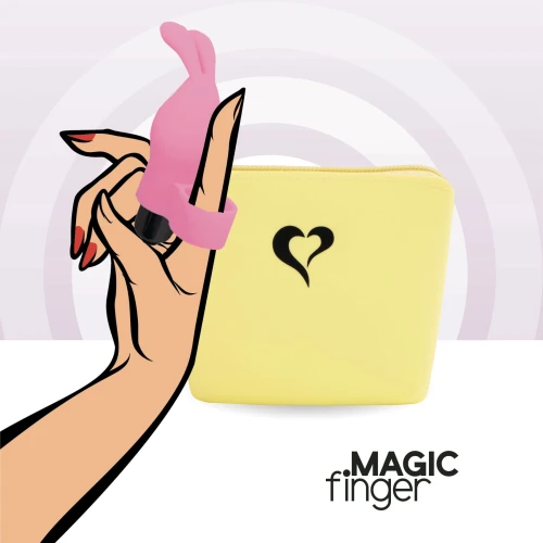 На фото изображен розовый вибратор на палец с ушками FeelzToys Magic Finger Vibrator Pink для пар на фиолетовом фоне