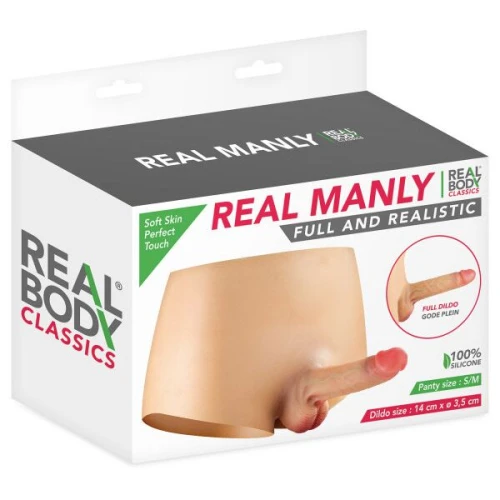 На фото изображены бежевые реалистичные трусы-страпон размера S/M Real Body Real Manly full and realistic для пар на белом фоне