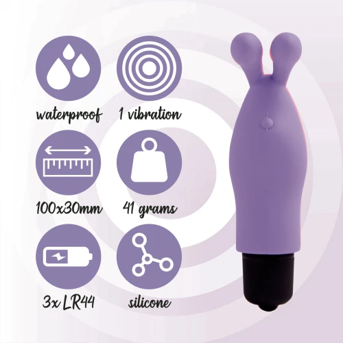 На фото изображен фиолетовый вибратор на палец с ушками FeelzToys Magic Finger Vibrator Purple для пар на фиолетовом фоне
