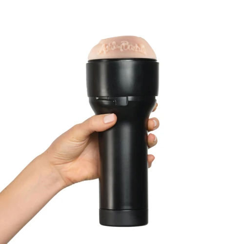 На фото зображено чорно-бежевий мастурбатор-вагіна Ешлі Барбі Kiiroo Feel Ashley Barbie для чоловіків на білому тлі.