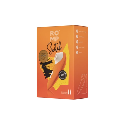 На фото зображено помаранчевий вакуумний стимулятор Romp Switch для жінок на білому тлі.