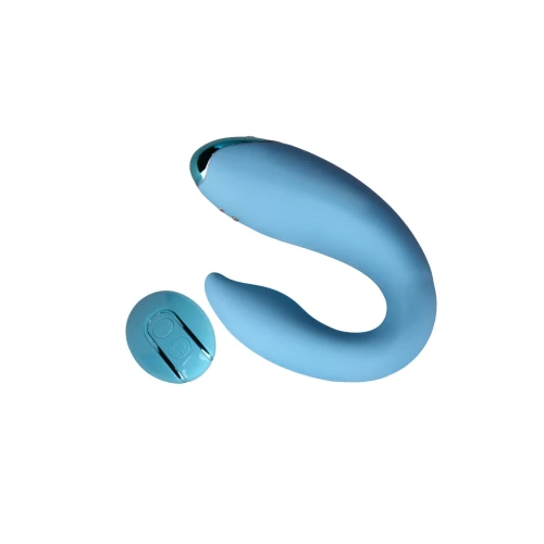 На фото изображен голубой сказочный вибратор FairyGasm PleasureBerry для пар на белом фоне.