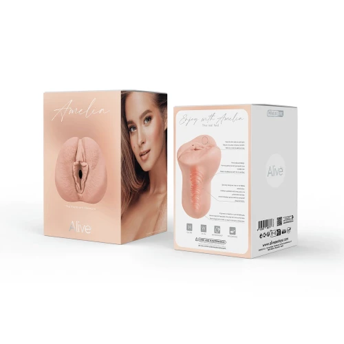 На фото изображен бежевый мастурбатор-вагина Alive Amelia Super Realistic Masturbator S Flesh для мужчин на белом фоне