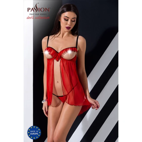 CHERRY CHEMISE red L/XL - Прозрачный пеньюар с открытой грудью