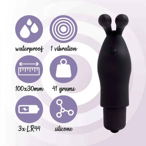 На фото изображен черный вибратор на палец с ушками FeelzToys Magic Finger Vibrator Black для пар на фиолетовом фоне