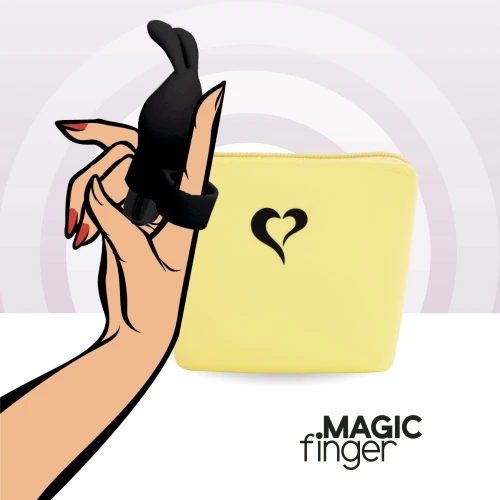 На фото изображен черный вибратор на палец с ушками FeelzToys Magic Finger Vibrator Black для пар на разноцветном фоне