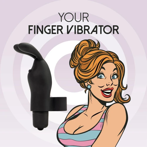 На фото изображен черный вибратор на палец с ушками FeelzToys Magic Finger Vibrator Black для пар на фиолетовом фоне