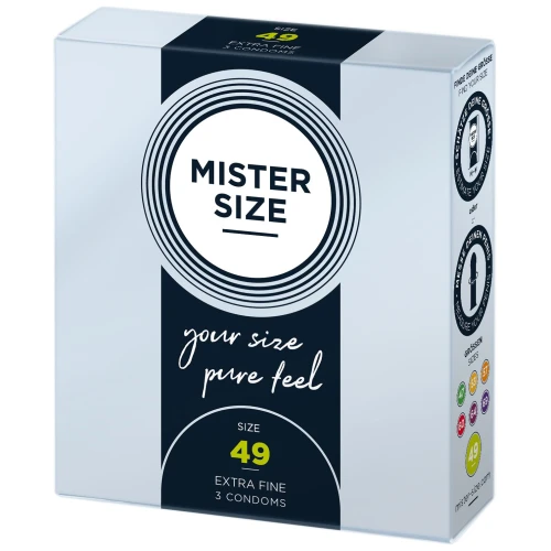 На фото изображена серо-черная упаковка презервативов Mister Size 49 (3 pcs) для мужчин на белом фоне.