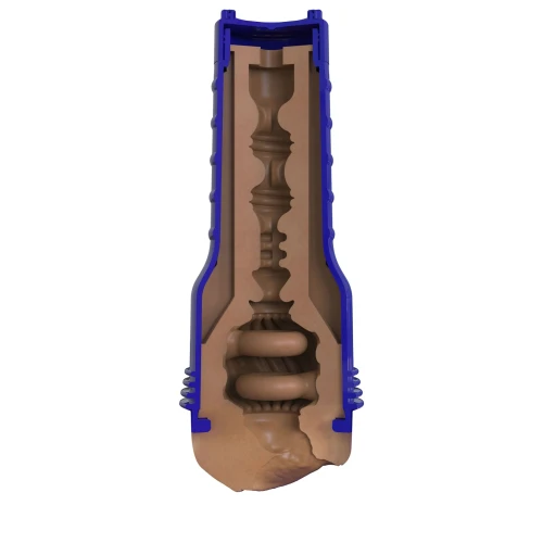 На фото зображено коричнево-фіолетовий мастурбатор-вагіна з кільцями Fleshlight Boost Bang Medium Dark Flesh для чоловіків на білому тлі