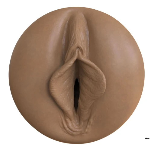 На фото зображено коричнево-фіолетовий мастурбатор-вагіна з кільцями Fleshlight Boost Bang Medium Dark Flesh для чоловіків на білому тлі