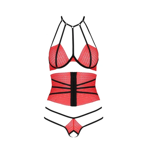 Комплект белья AKITA SET red XXL/XXXL - Passion Exclusive: широкий пояс, лиф, стринги