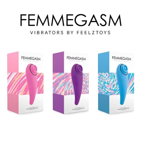 На фото зображено стимулятор для клітора з 2-ма моторами FeelzToys - FemmeGasm Pink для жінок на білому тлі.