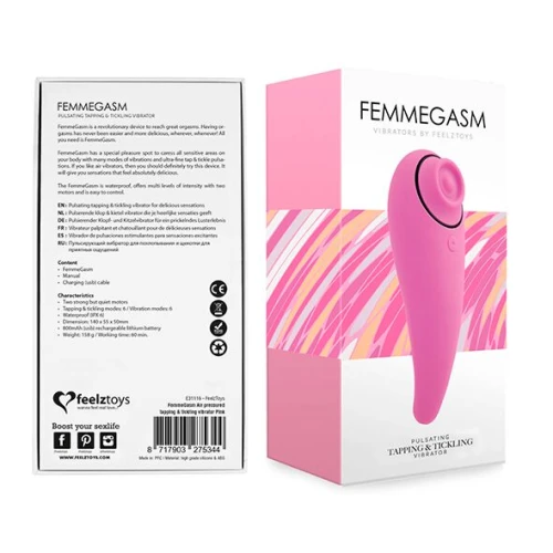На фото зображено рожевий стимулятор для клітора з 2-ма моторами FeelzToys - FemmeGasm Pink для жінок на білому тлі.