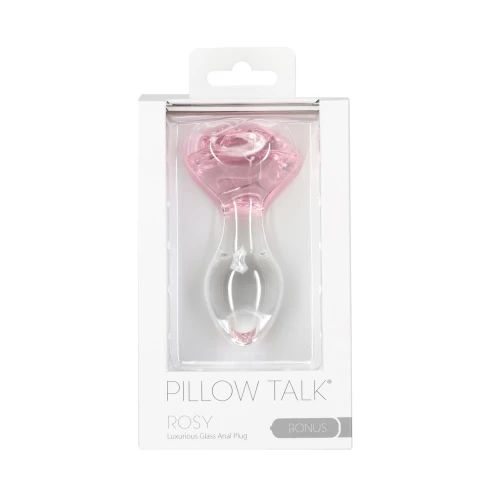 На фото зображено скляний анальний затор Pillow Talk - Rosy- Luxurious Glass Anal Plug з трояндою на кінці унісекс на світлому тлі