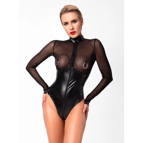 Боди Noir Handmade F321 Edge wetlook and mesh body with rings - XXL