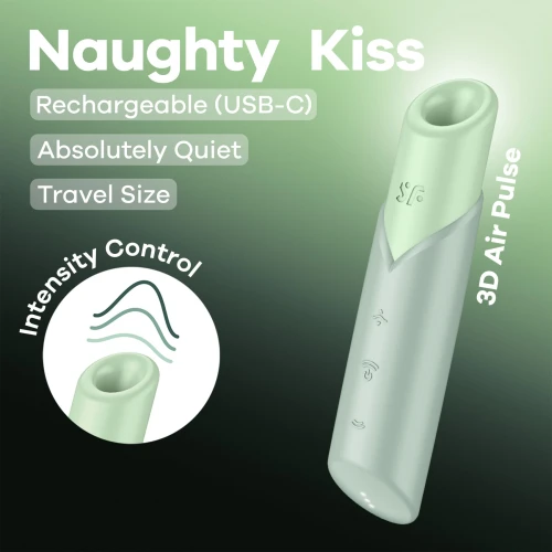 На фото изображен зеленый вакуумный стимулятор Satisfyer Naughty Kiss для женщин на зеленом фоне.