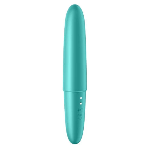 На фото зображено бірюзовий міні-вібратор для клітора Satisfyer Ultra Power Bullet 6 Turquoise для жінок на білому тлі.