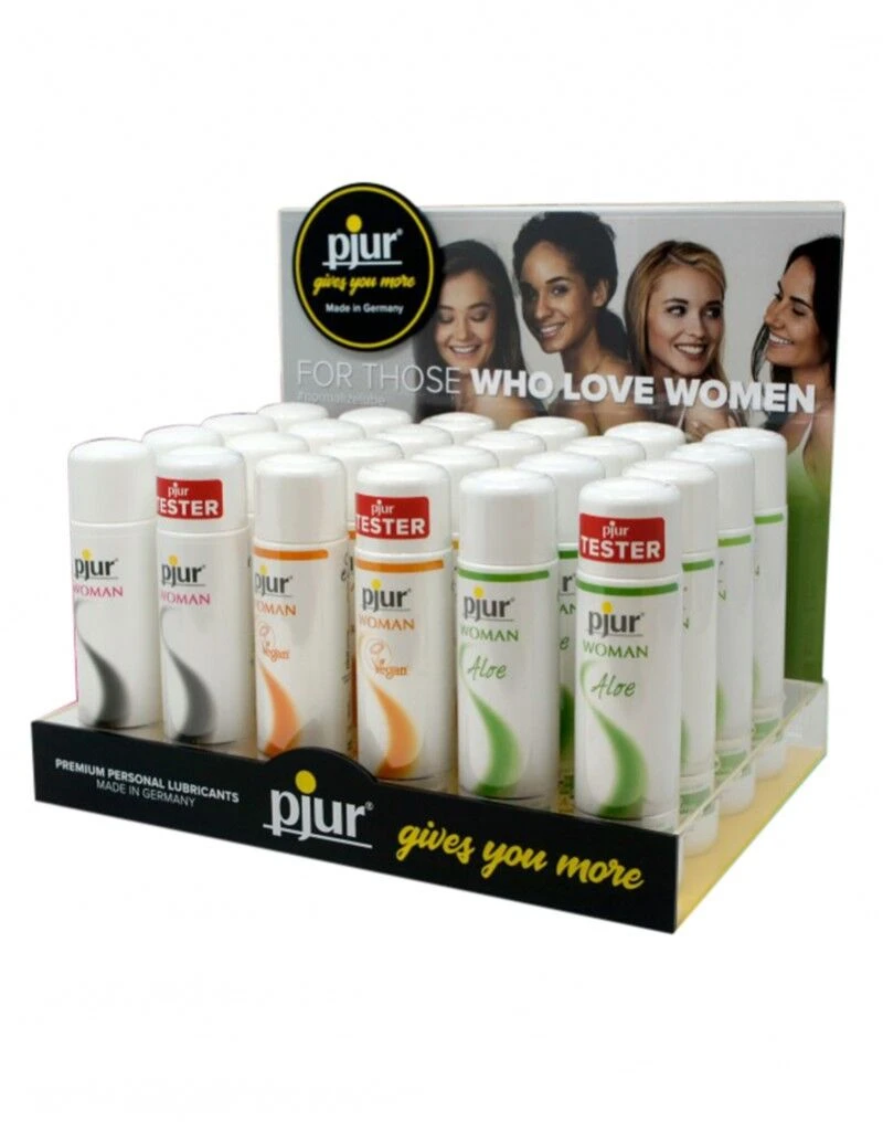 Промо-набор pjur Woman: 3 вида смазок по 100 мл, по 11 шт плюс тестеры и POS-материалы