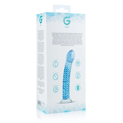 На фото изображено полупрозрачное стеклянное дилдо с синей ребристой поверхностью Gildo Glass Dildo No. 5 унисекс на белом фоне.