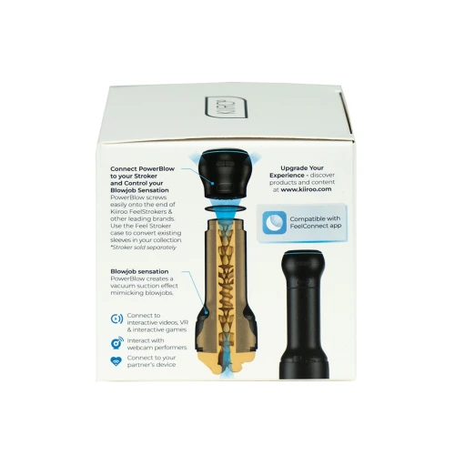 На фото зображено чорну насадку для всмоктування (мастурбатори FeelStroker) Kiiroo PowerBlow для чоловіків на світлому фоні.