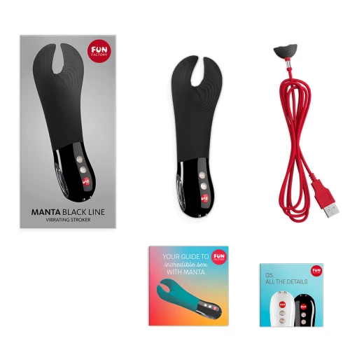 На фото зображено чорний вібратор для пеніса Fun Factory MANTA black для чоловіків на білому тлі