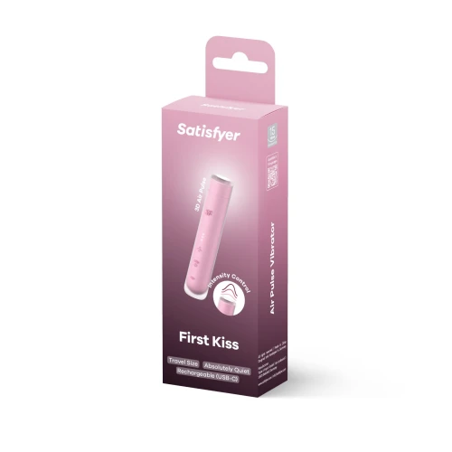 На фото изображен розовый вакуумный стимулятор Satisfyer First Kiss для женщин на белом фоне.