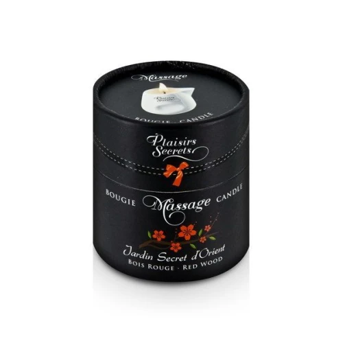 На фото зображено свічку для масажу в чорній коробочці Plaisirs Secrets Red Wood (80 мл) для пар на білому тлі.