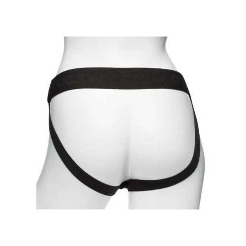 На фото зображено чорний страпон із вібрацією насадкою Doc Johnson Body Extensions - BE IN CHARGE для пар на білому тлі