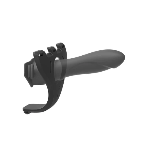 На фото зображено чорний страпон із вібрацією насадкою Doc Johnson Body Extensions - BE IN CHARGE для пар на білому тлі