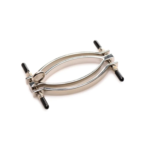 На фото зображено металевий затиск для статевих губ з повідцем Master Series PussyTugger Clamp with Chain для жінок на білому тлі