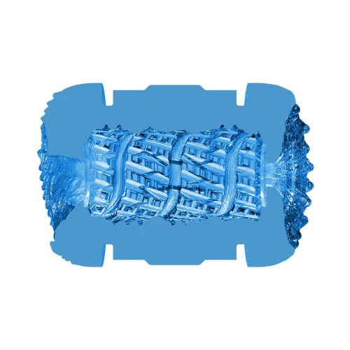 На цьому фото зображено синій наскрізний мастурбатор для пар і мінету Fleshlight Quickshot Alien на світлому фоні.